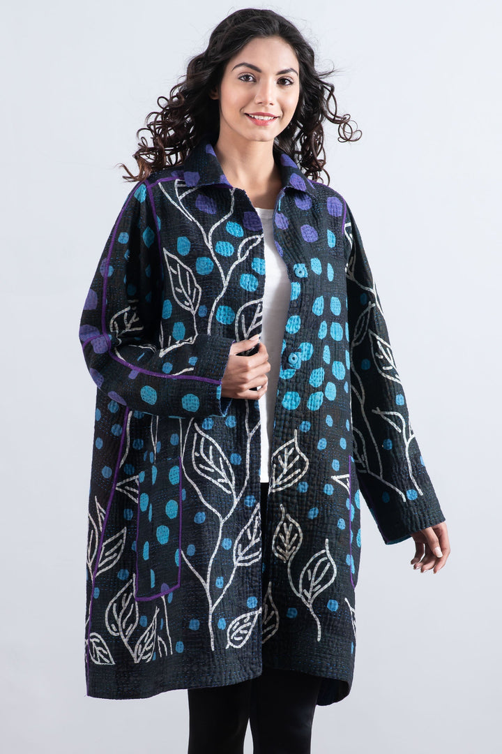 POLKA DOTS & LEAVES KANTHA A-LINE DUSTER - dl4311-blu -