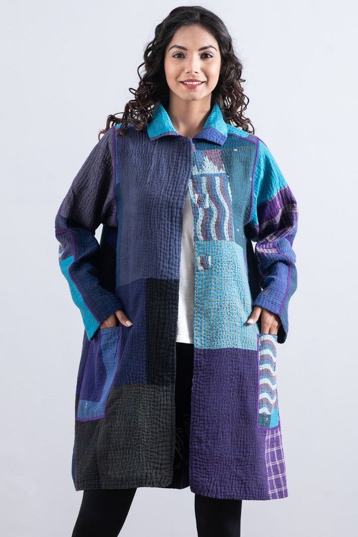 POLKA DOTS & LEAVES KANTHA A-LINE DUSTER - dl4311-blu -