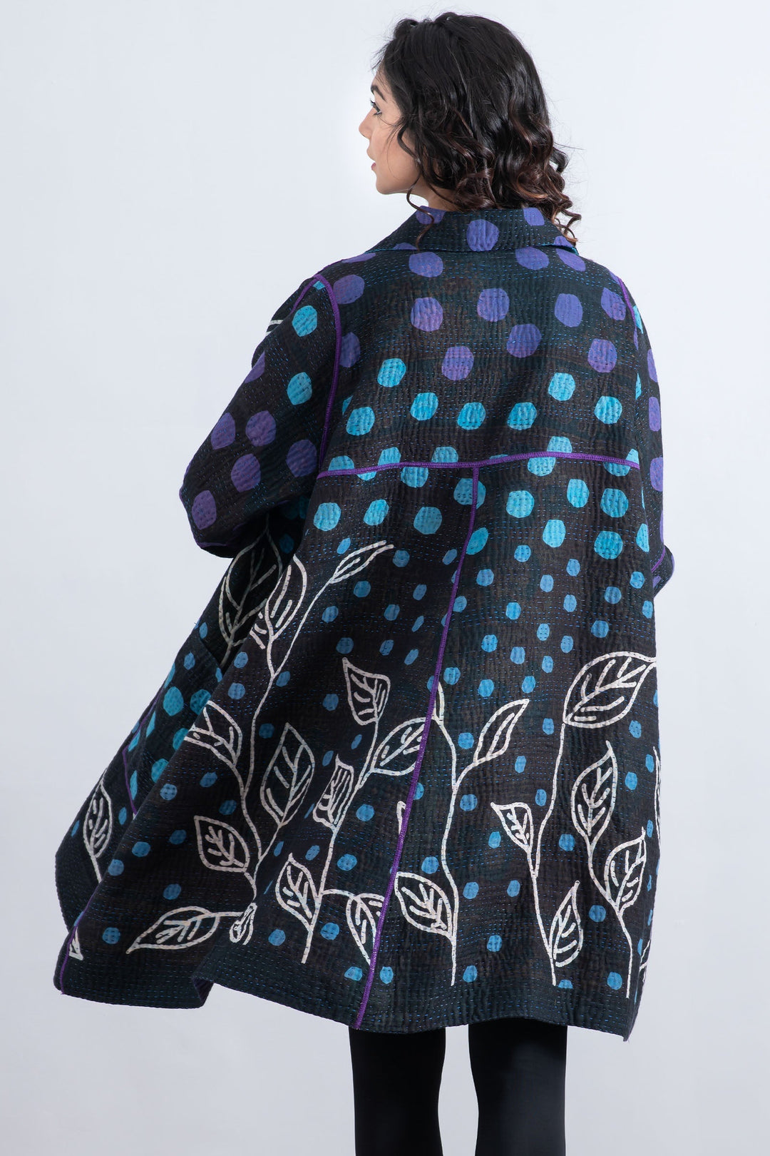 POLKA DOTS & LEAVES KANTHA A-LINE DUSTER - dl4311-blu -