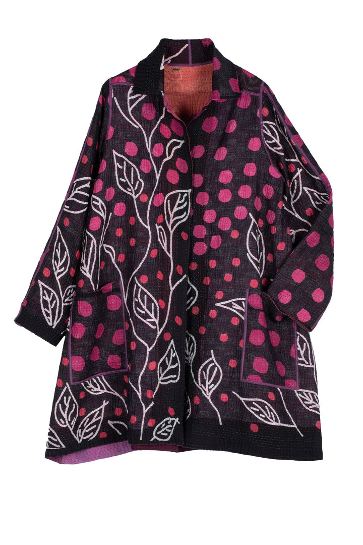 POLKA DOTS & LEAVES KANTHA A-LINE DUSTER - dl4311-pik -