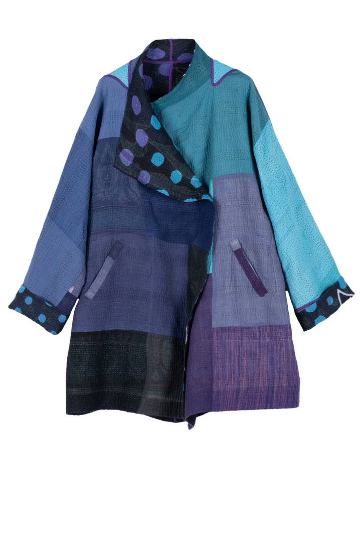 POLKA DOTS & LEAVES KANTHA FUNNEL COLLAR COAT - dl4312-blu -