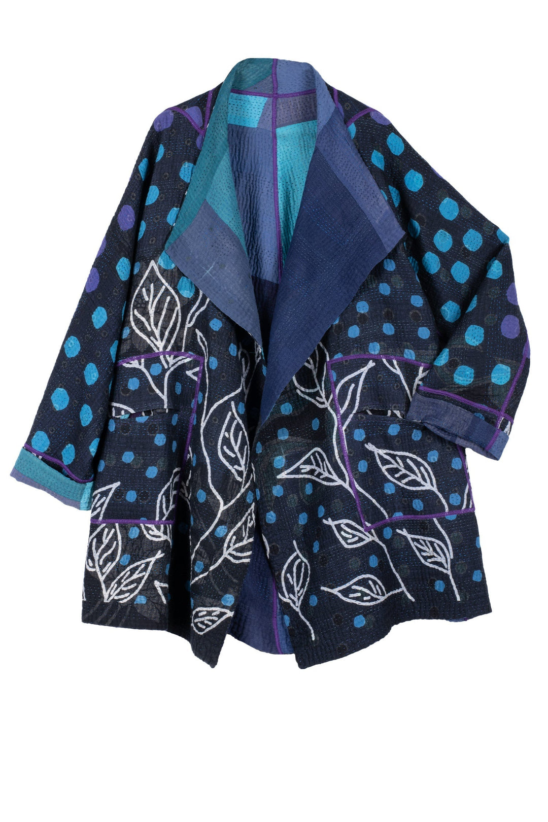 POLKA DOTS & LEAVES KANTHA FUNNEL COLLAR COAT - dl4312-blu -