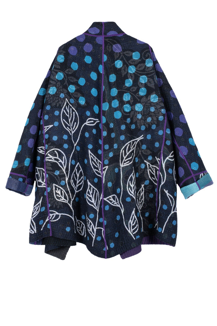 POLKA DOTS & LEAVES KANTHA FUNNEL COLLAR COAT - dl4312-blu -