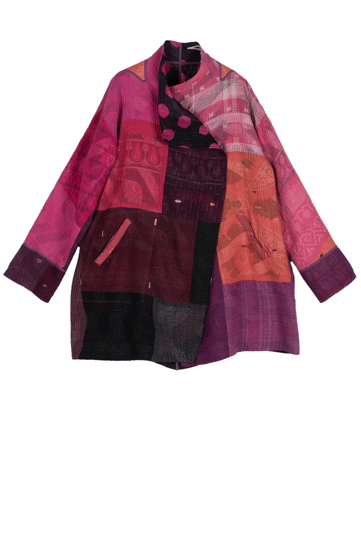 POLKA DOTS & LEAVES KANTHA FUNNEL COLLAR COAT - dl4312-pik -