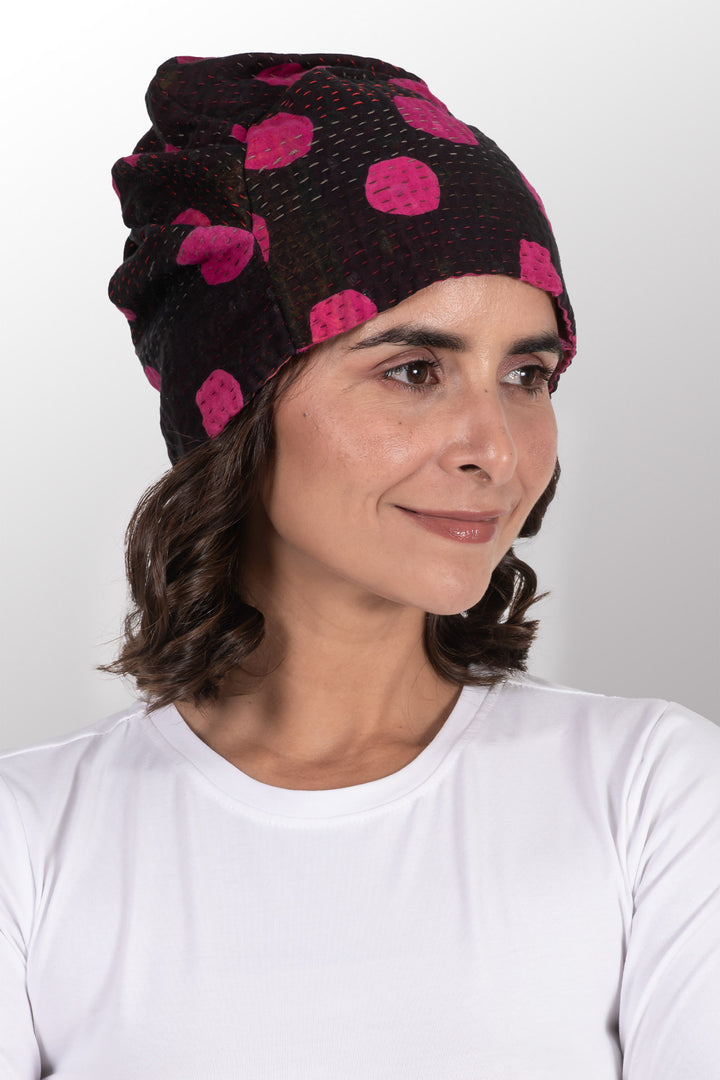 POLKA DOTS & LEAVES KANTHA PATCHWORK HAT - dl4880-pik -