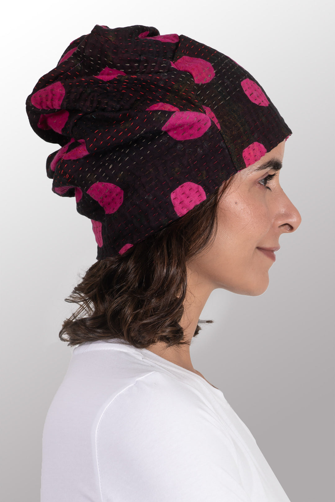 POLKA DOTS & LEAVES KANTHA PATCHWORK HAT - dl4880-pik -