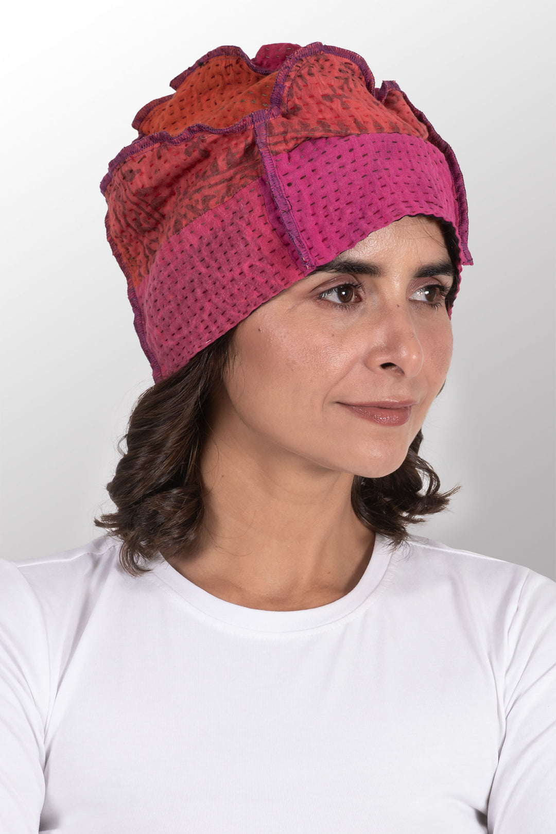 POLKA DOTS & LEAVES KANTHA PATCHWORK HAT - dl4880-pik -