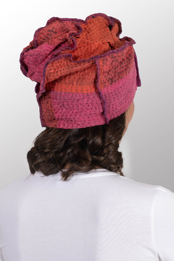 POLKA DOTS & LEAVES KANTHA PATCHWORK HAT - dl4880-pik -