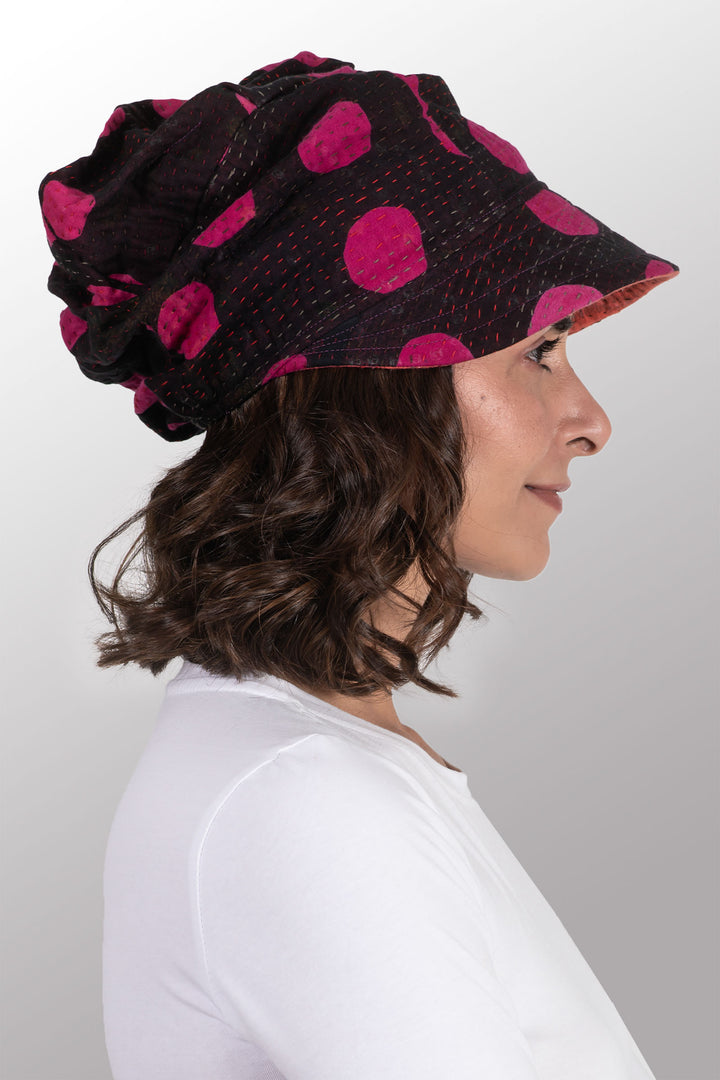 POLKA DOTS & LEAVES KANTHA HALF BRIM HAT - dl4881-pik -