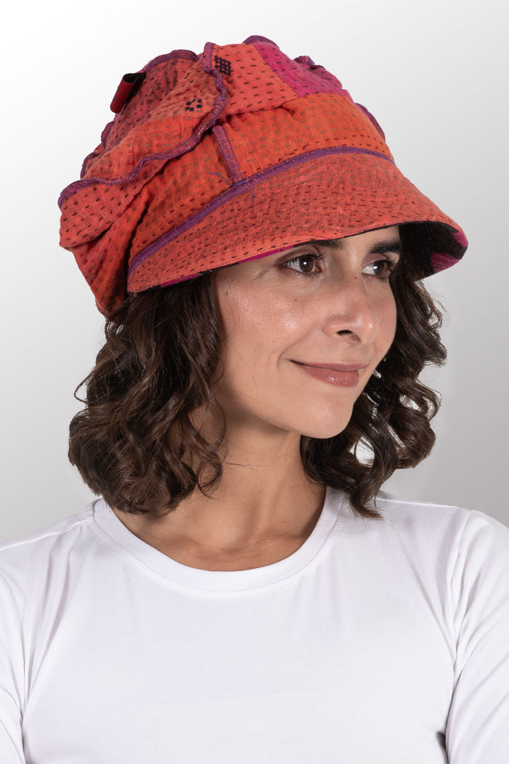 POLKA DOTS & LEAVES KANTHA HALF BRIM HAT - dl4881-pik -