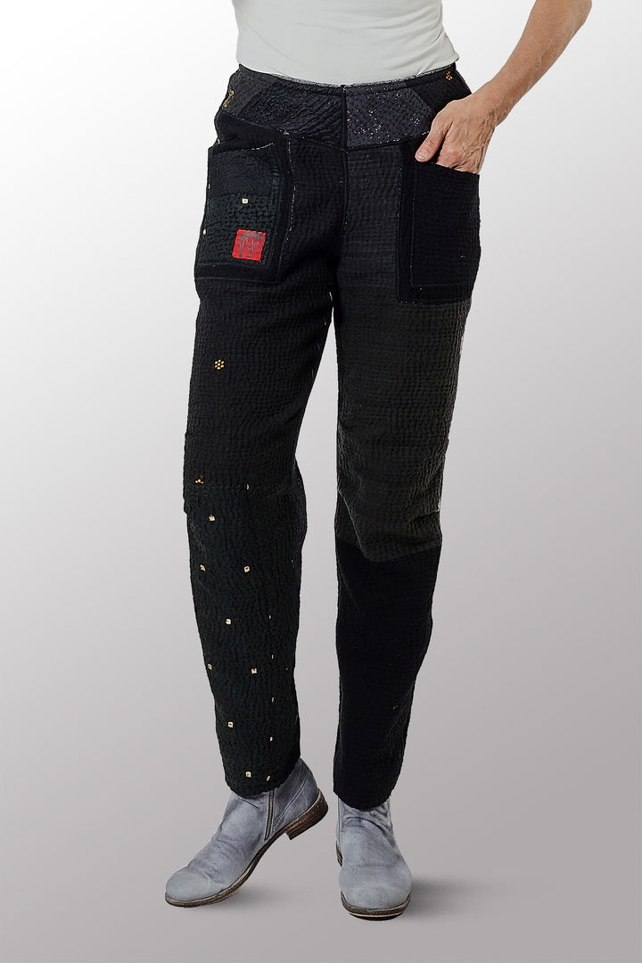 DENIM KANTHA SLANT POCKET PANTS - dn3612-gry -