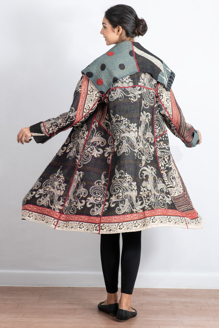 DOT & PAISLEY KANTHA A-LINE COAT - dp4309-nvy -