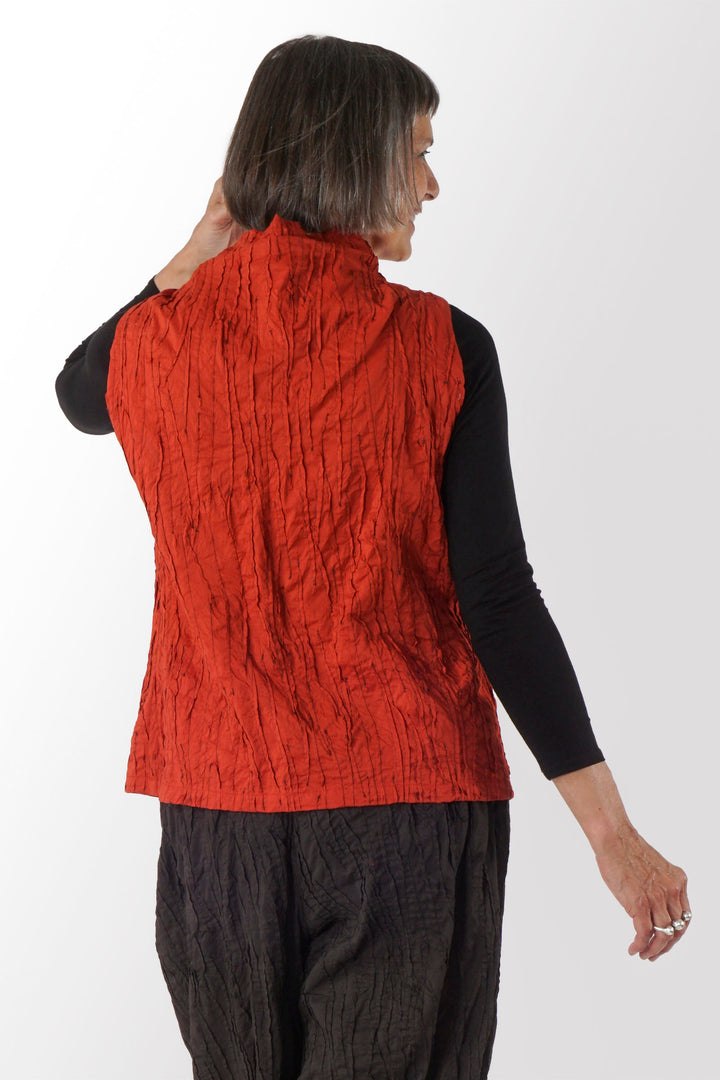 DYED COTTON SILK HEAVY VOILE RANDOM TUCK HIGH-NECK VEST - dr1244-org -