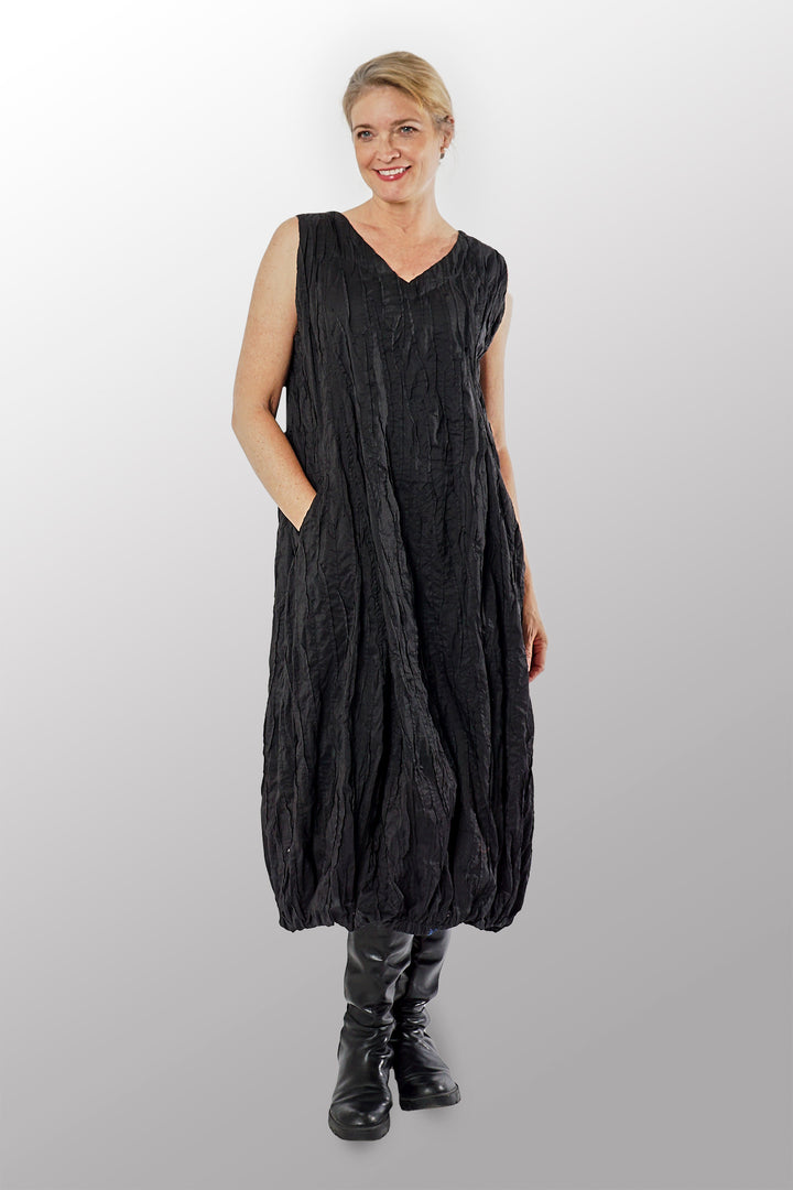 DYED COTTON SILK HEAVY VOILE RANDOM TUCK V-NECK BALLON DRESS - dr1451-blk -