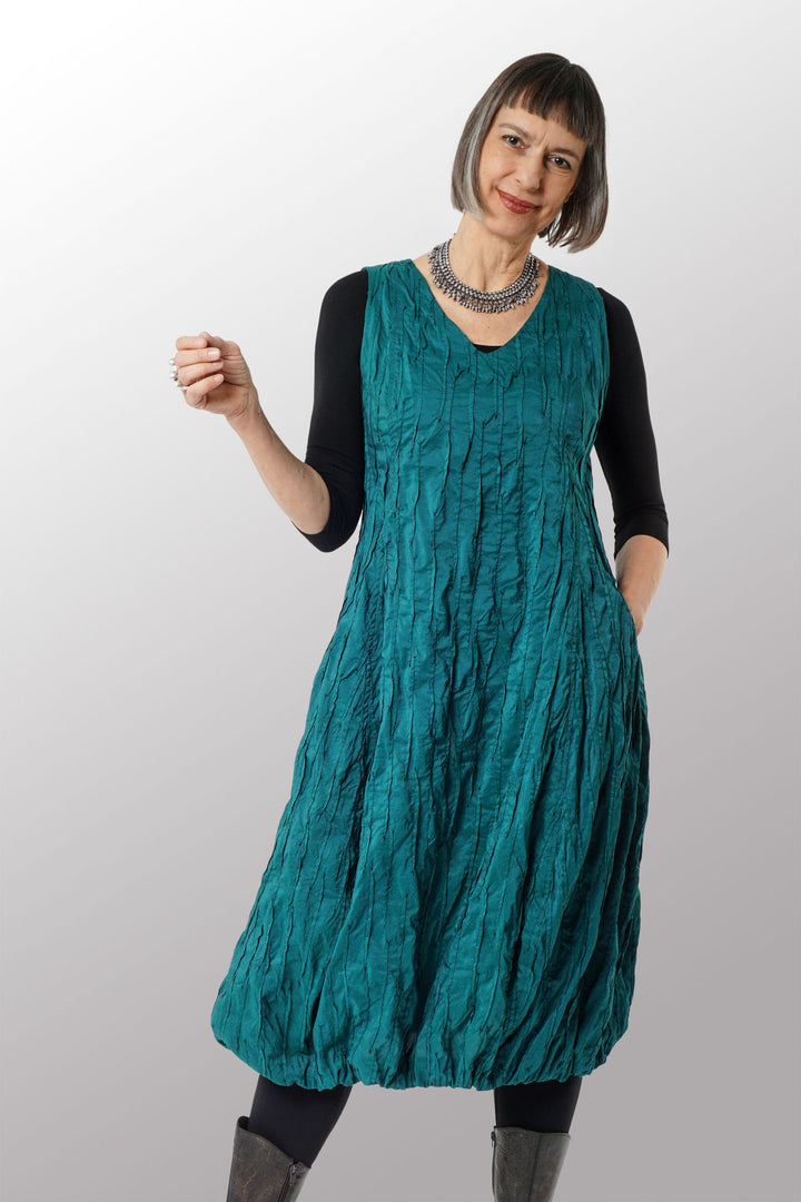 DYED COTTON SILK HEAVY VOILE RANDOM TUCK V-NECK BALLOON DRESS - dr1451-grn -