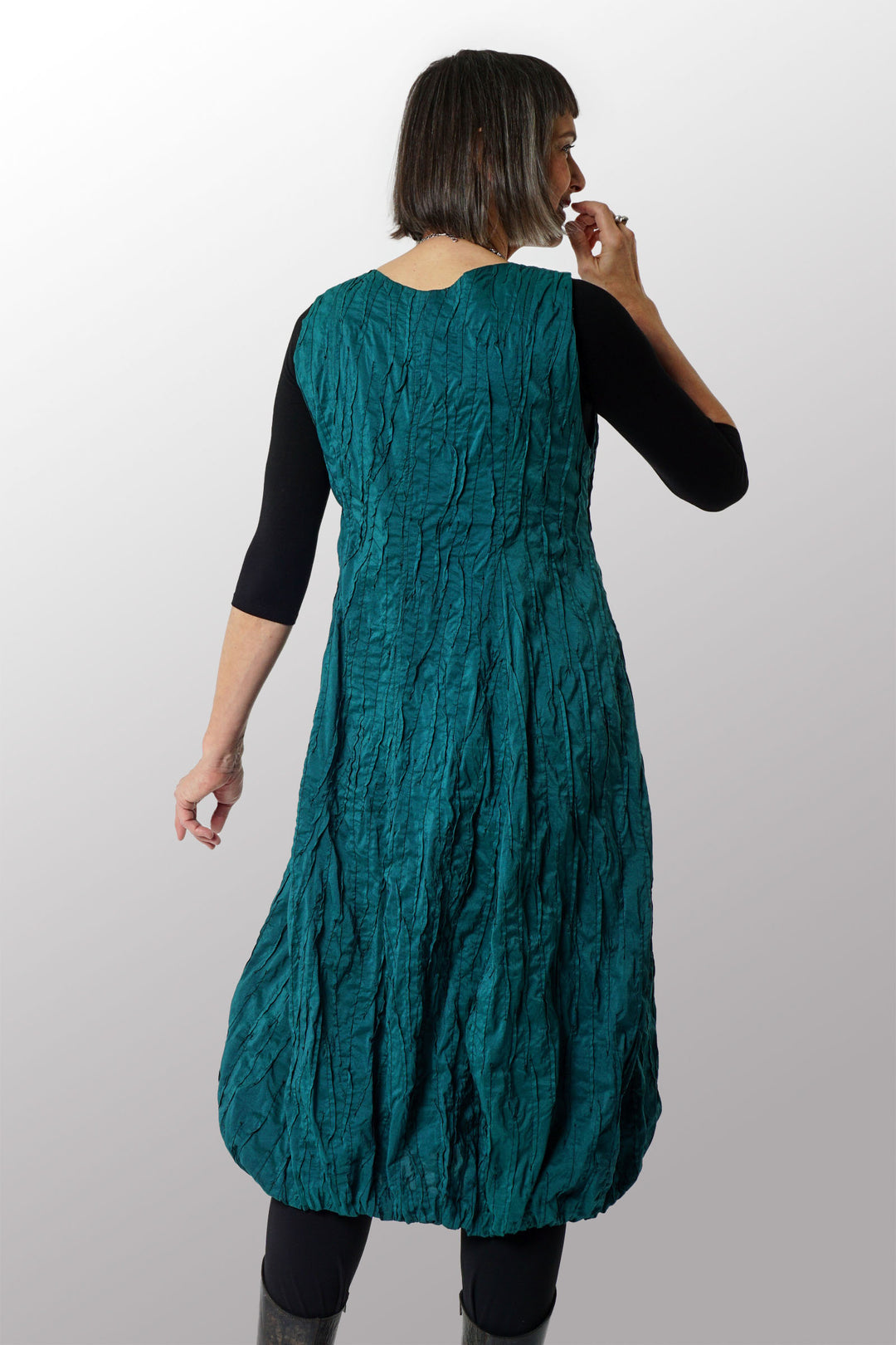 DYED COTTON SILK HEAVY VOILE RANDOM TUCK V-NECK BALLOON DRESS - dr1451-grn -