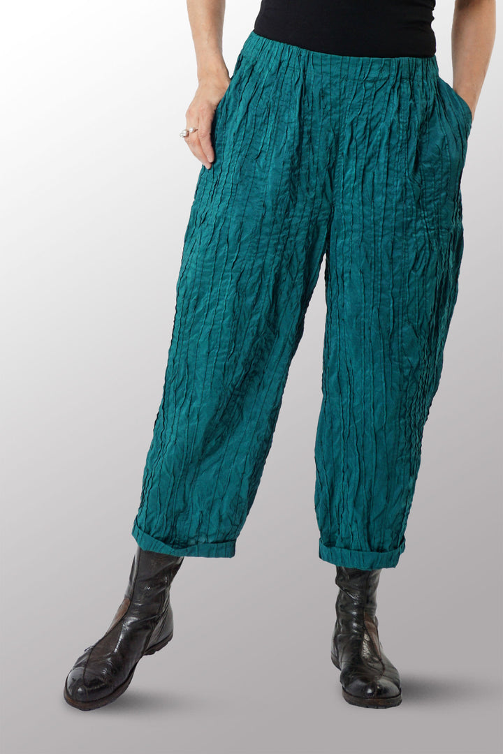 DYED COTTON SILK HEAVY VOILE RANDOM TUCK BARREL PANTS - dr1641-grn -