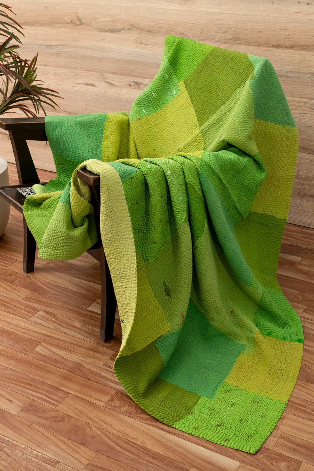 Mosaic Fray Handmade Vintage Kantha Throw -Lime Green -