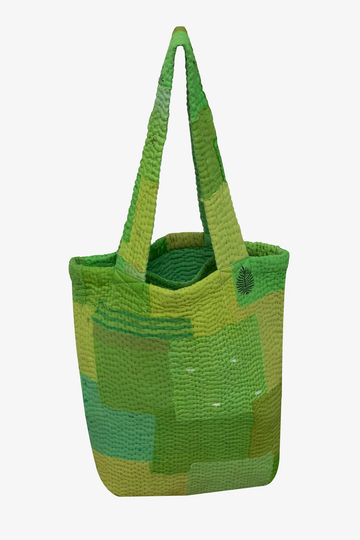 Mosaic Fray Handmade Vintage Kantha Tote Bag -Lime Green -