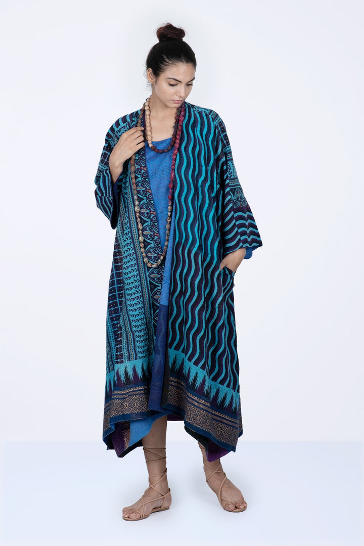 DESERT WAVES KANTHA KIMONO MAXI - dw2318-blu -