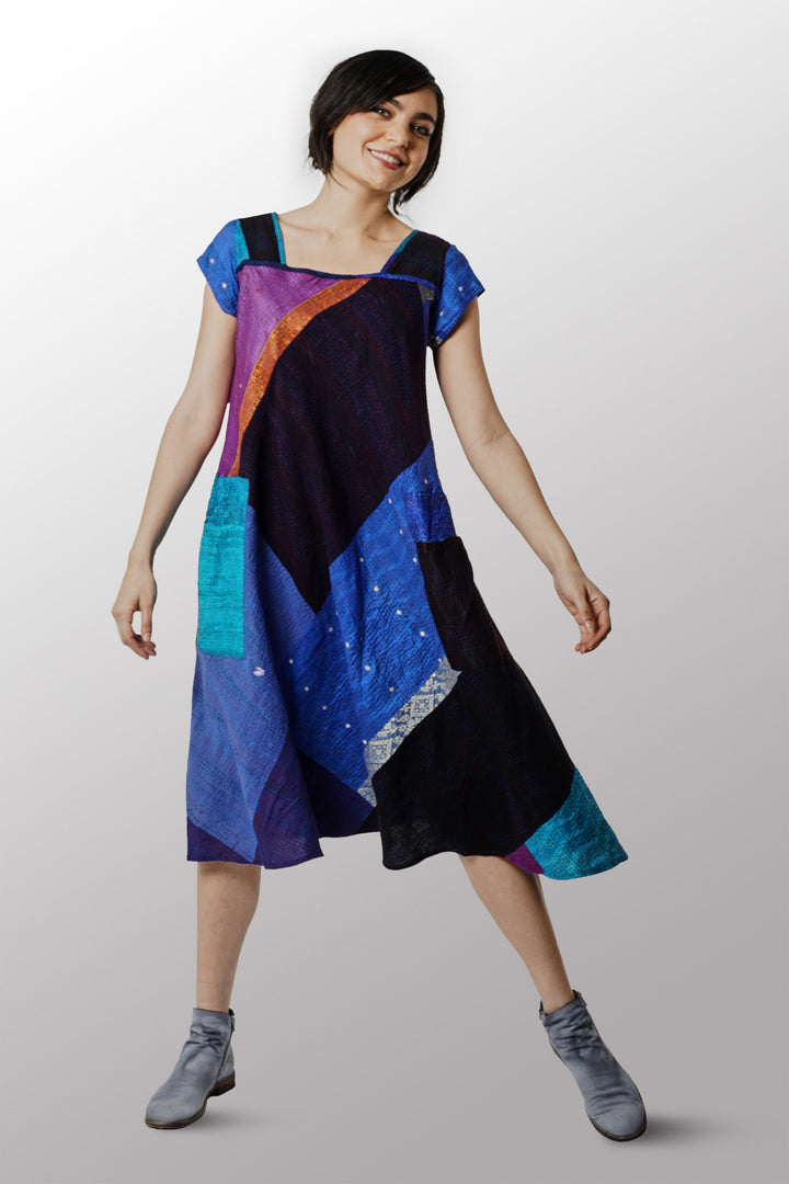 DESERT WAVES KANTHA SQUARE NECK FLARE DRESS - dw2431-blu -