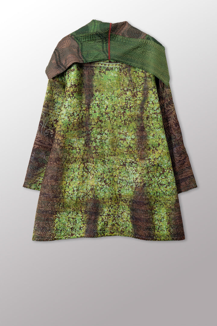 VINTAGE PRINTED SILK CLAMP DYE WITH JACQUARD KANTHA POCKET COAT - sk4301-0001a -