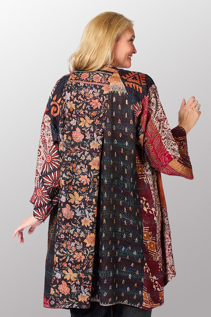 VINTAGE SILK KANTHA KIMONO DUSTER - sv2317-0012a -