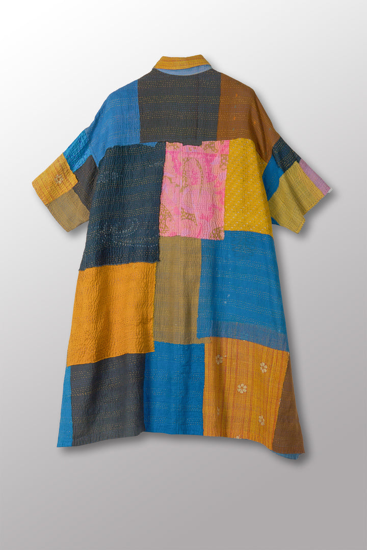 MOSAIC FRAY PATCH KANTHA HALF SLV. SHIRT DRESS - zb2429-mlt -