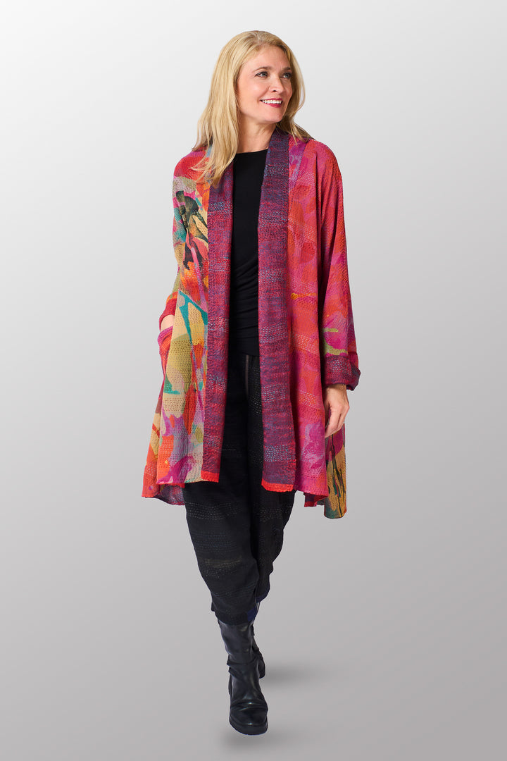 GEORGETTE JACQUARD VINTAGE SILK PATCH KANTHA KIMONO LONG JACKET - gj2005-0001a -