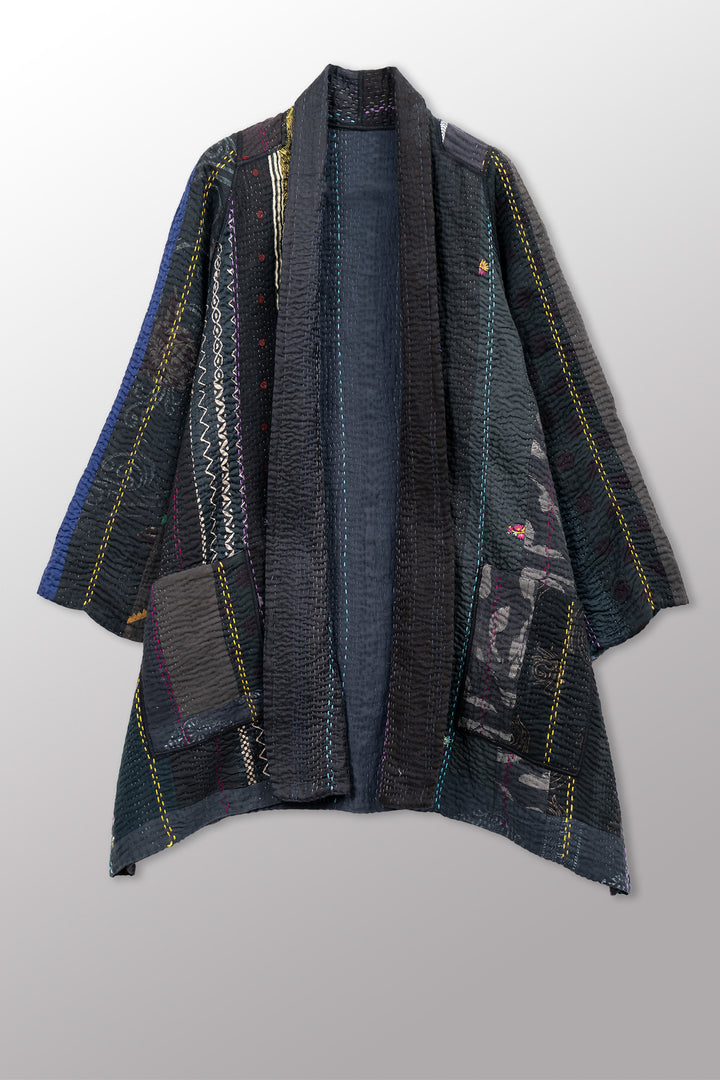 JEWEL WOVEN WITH VERTICAL PATCH KANTHA A-LINE JACKET - jv4003-blk -