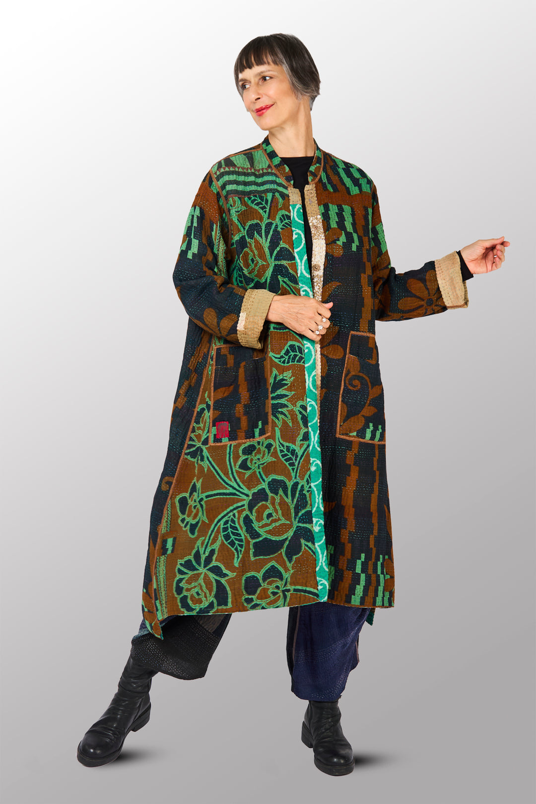 VINTAGE COTTON KANTHA KAFTAN COAT - cv4343-0001m -