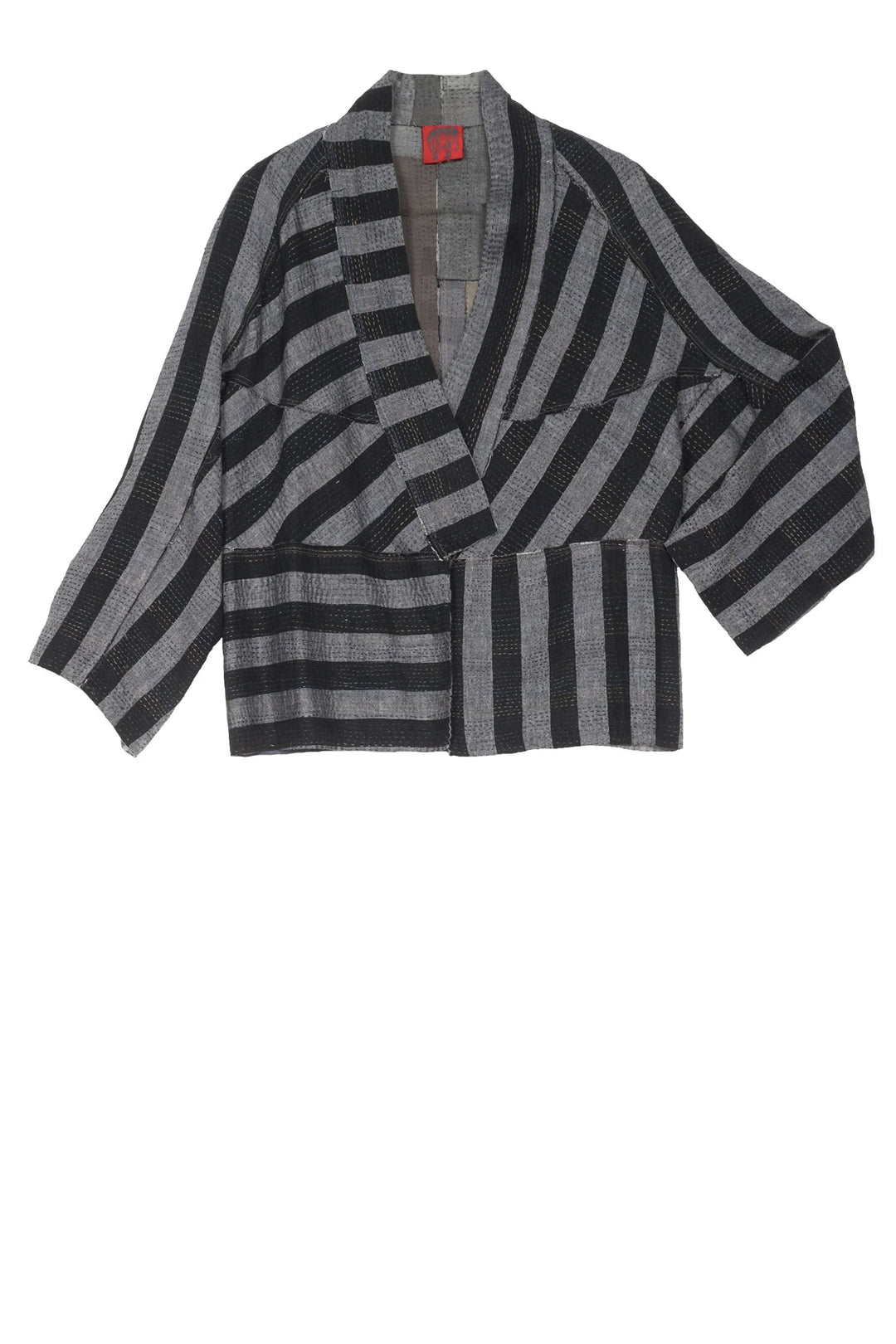 WOVEN STRIPE FRAYED PATCH BACK KANTHA DOLMAN SHORT JKT - wp2015-gry -