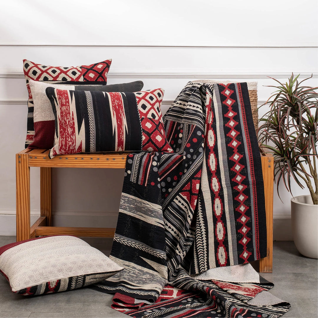 Monotone Ikat Handmade Vintage Kantha Throw -Red