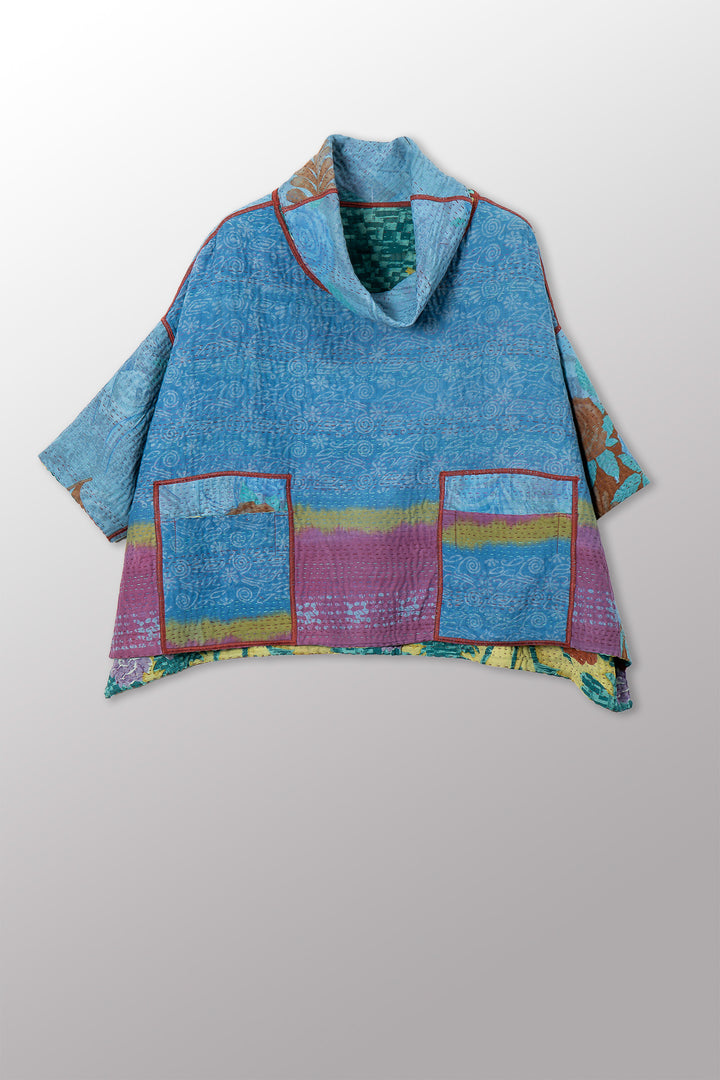 VINTAGE SILK GEORGETTE COTTON KANTHA COWL NECK PONCHO - gc4061-0001a -