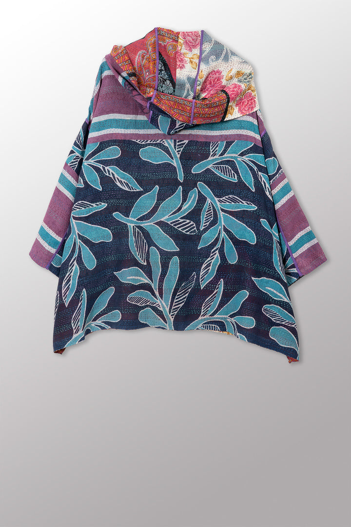 VINTAGE SILK GEORGETTE COTTON KANTHA HOODIE PONCHO - gc2064-0003a -