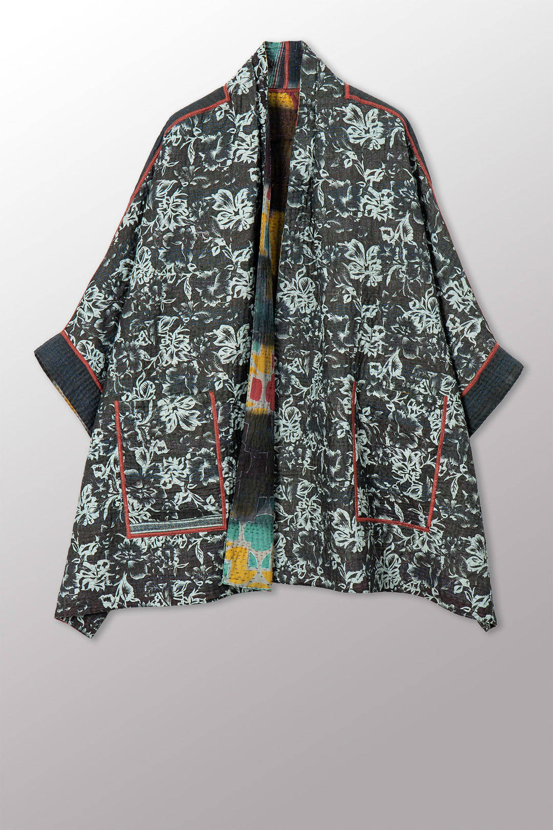 VINTAGE COTTON GREY CLAMP TIE DYE KANTHA DOUBLE COLLAR PONCHO - su4323-0001a -