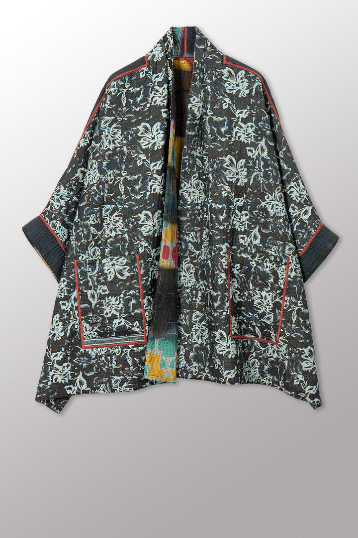 VINTAGE COTTON GREY CLAMP TIE DYE KANTHA DOUBLE COLLAR PONCHO - su4323-0001a -