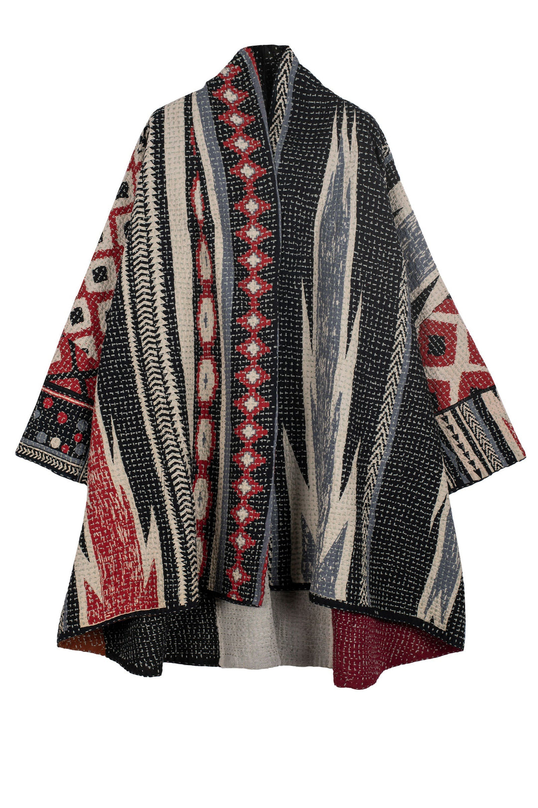 WAFFLE IKAT KANTHA KIMONO LONG JACKET - wi3005-red -