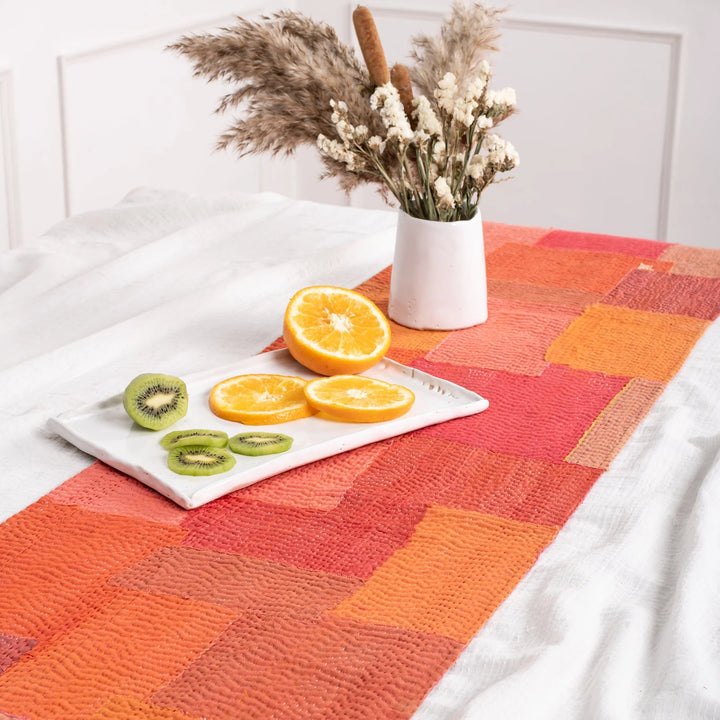 Mosaic Fray Patch Vintage Kantha Runner -Carrot