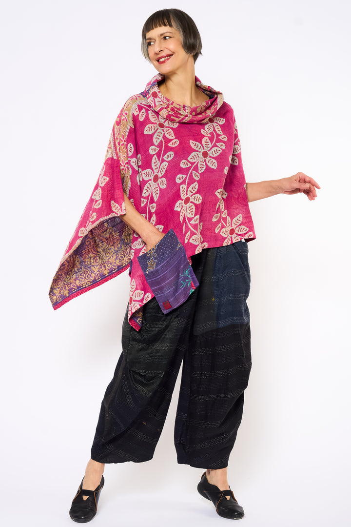 VINTAGE COTTON KANTHA COWL NECK LONG CAPE - cv2842-0004a -