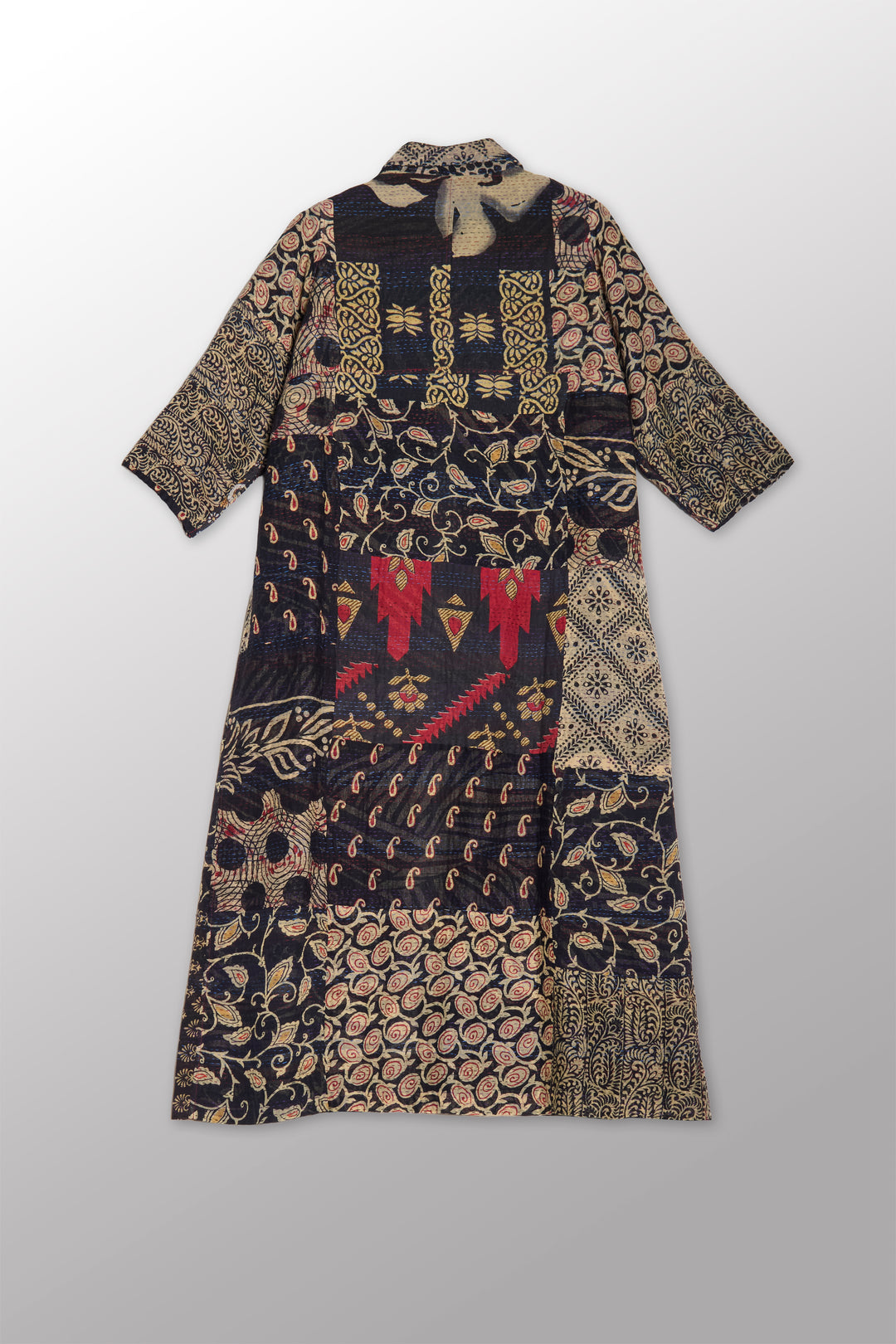 PATCHED PRINT KANTHA SIDE PLEATED DRESS - pp2435-blk -