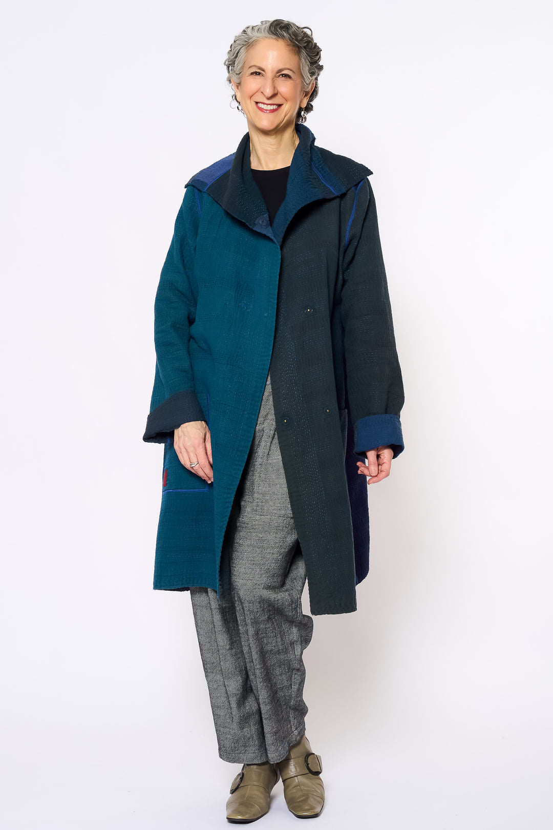 FRAYED PATCH KANTHA POCKET MEDIUM COAT - fi4316-nvy -