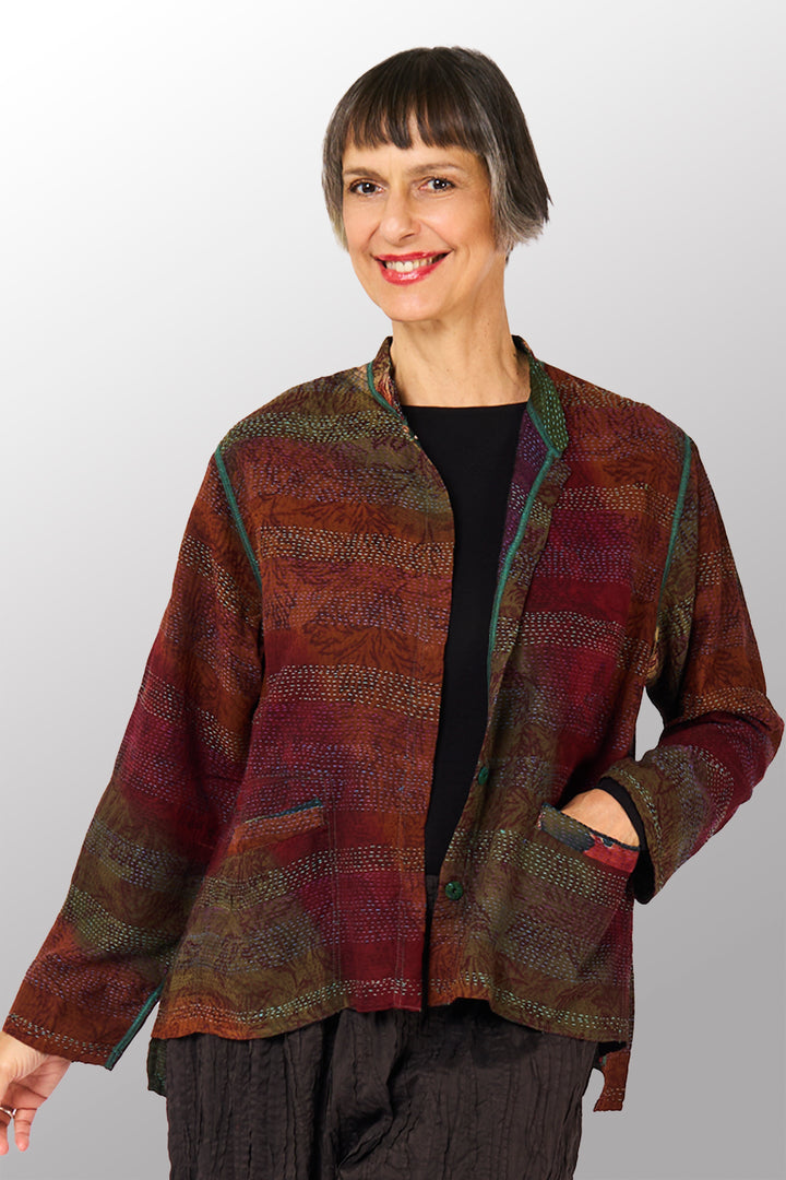 GEORGETTE JACQUARD VINTAGE SILK PATCH KANTHA KAFTAN JACKET SHORT - gj2088-0001s -