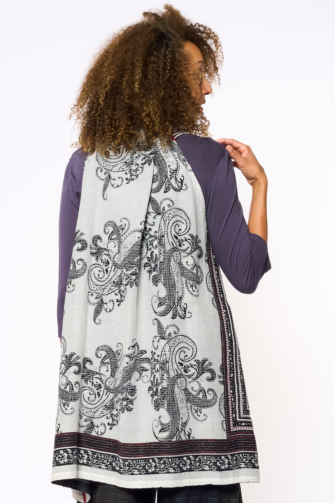 COTTON PAISLEY KANTHA BACK PLEATED VEST - cp2221-wht -