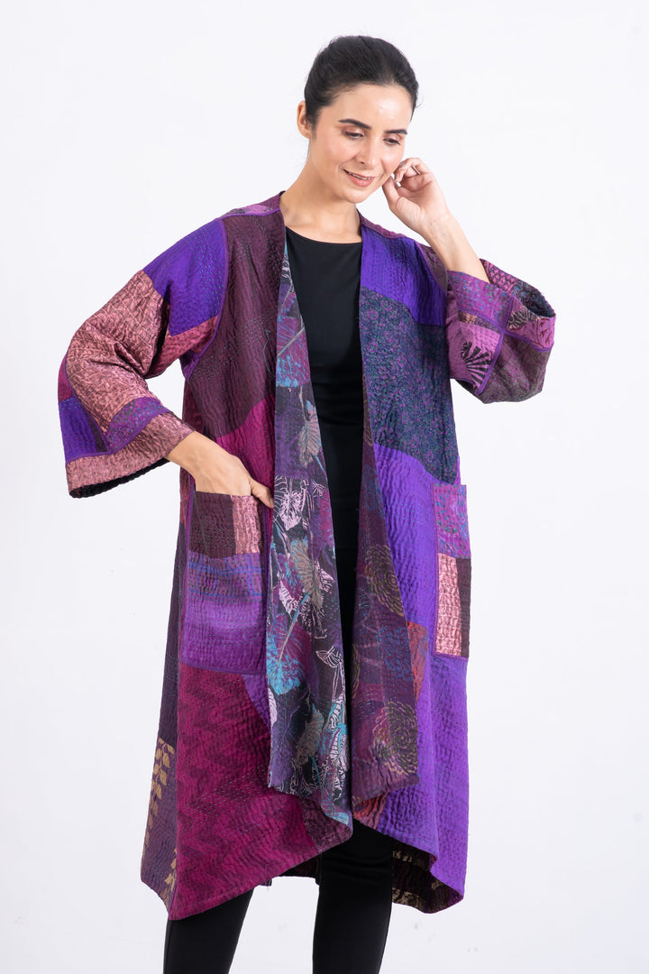 JACQUARD SILK KANTHA WRAP FLARE COAT - js4330-prp -