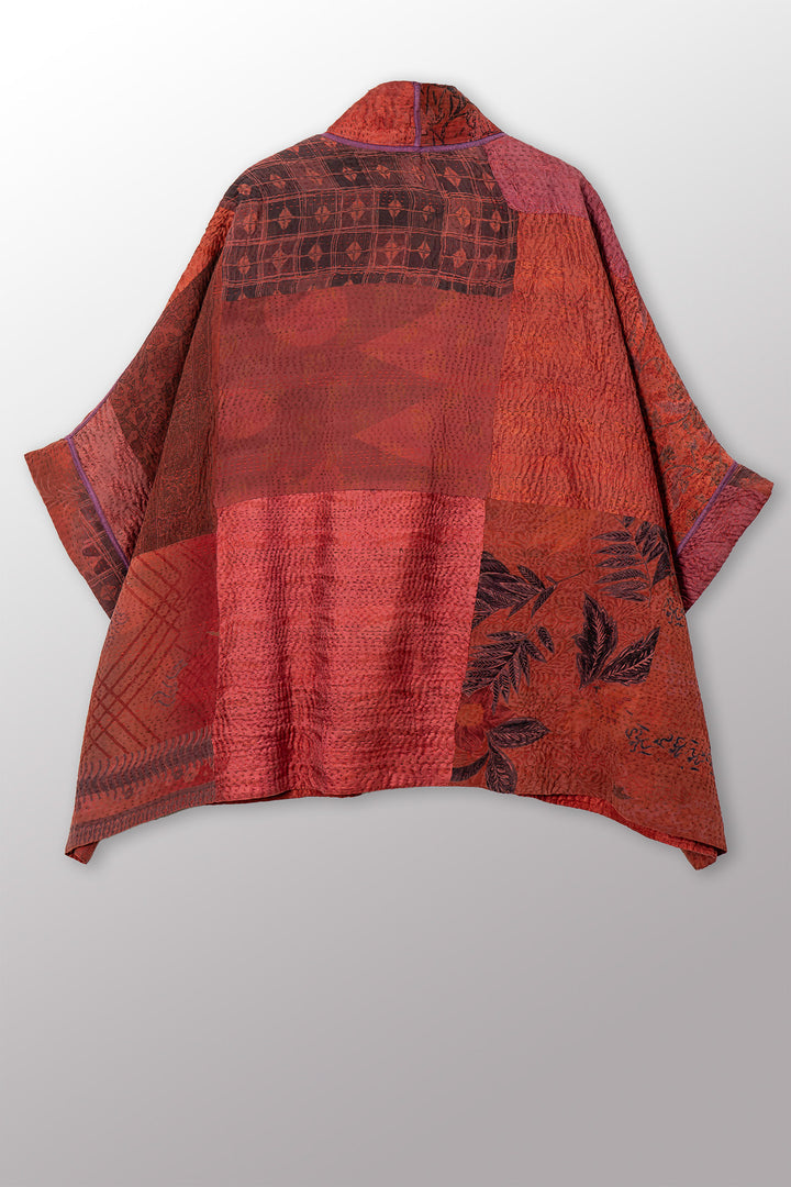 GEORGETTE JACQUARD VINTAGE SILK PATCH KANTHA DOUBLE COLLAR PONCHO - gj4323-org -