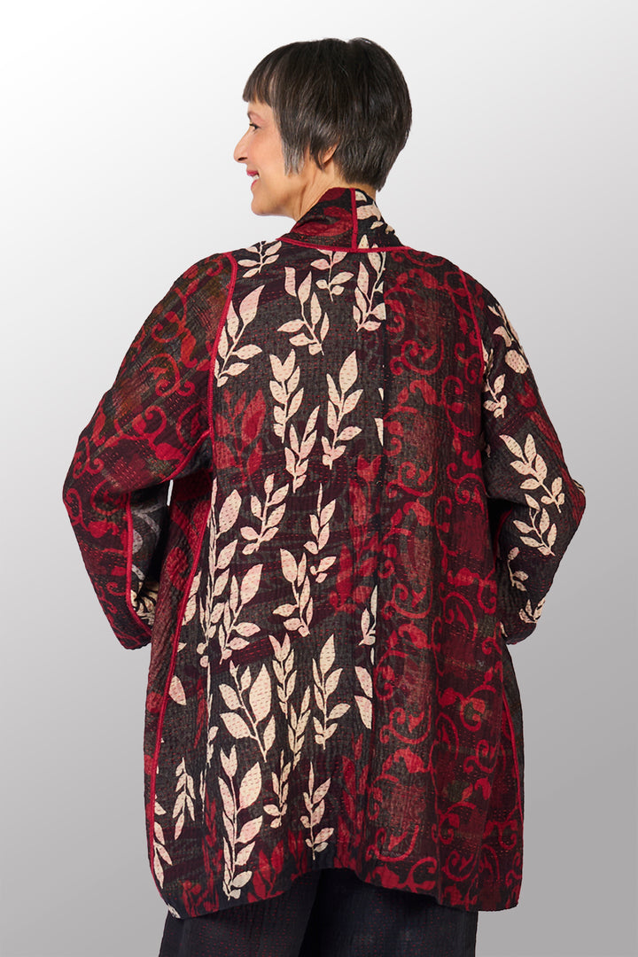 BIG PRINTED PATCH WITH OMBRE BACKING KANTHA  A-LINE JACKET - px4003-red -