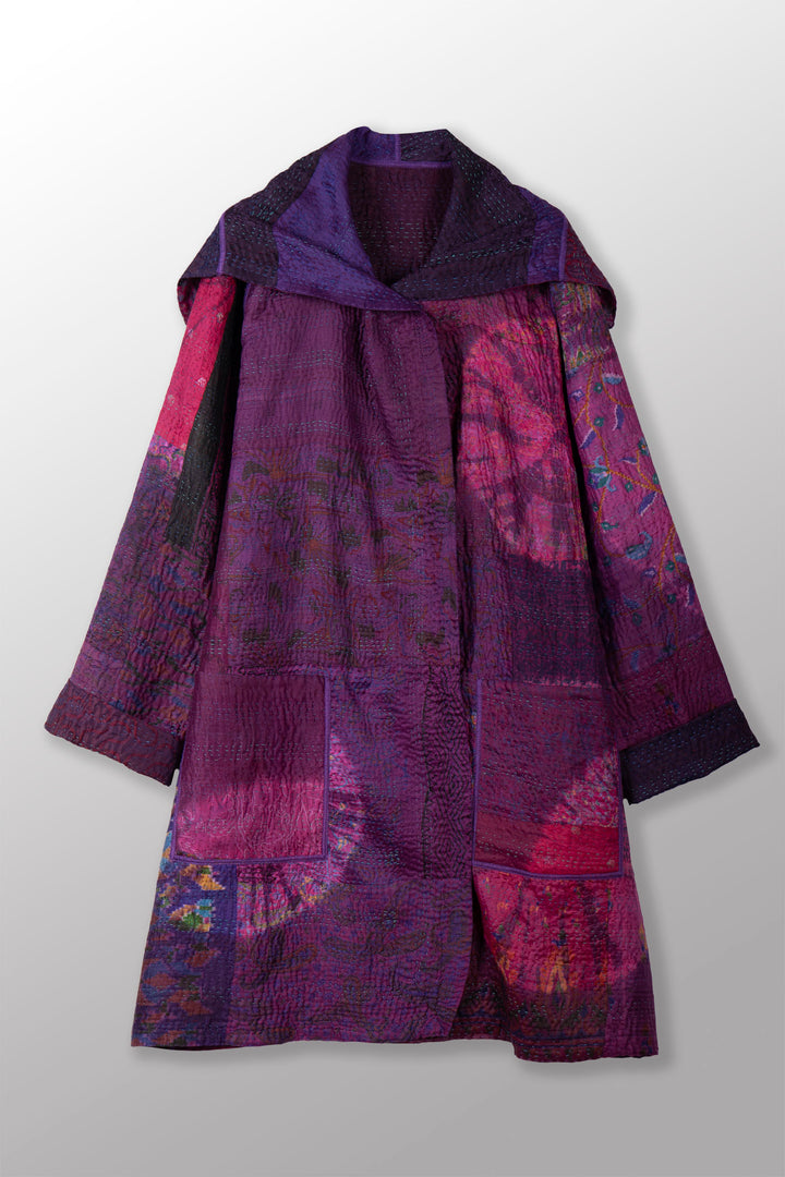 TIE DYE CIRCLE SHIBORI KANTHA POCKET MEDIUM COAT - td4316-prp -