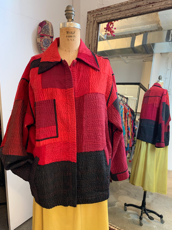 TWO TONE PATCH KANTHA WORKERS JACKET - tn4085-red -