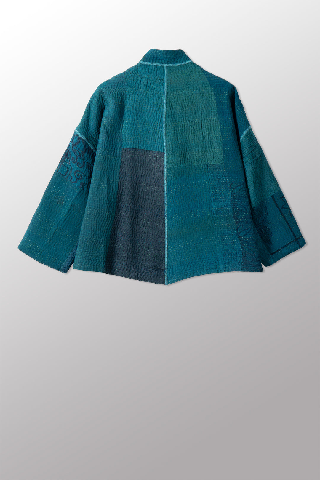 GEORGETTE JACQUARD VINTAGE SILK PATCH KANTHA STAND COLLAR CROPPED JACKET - gj4034-grn -